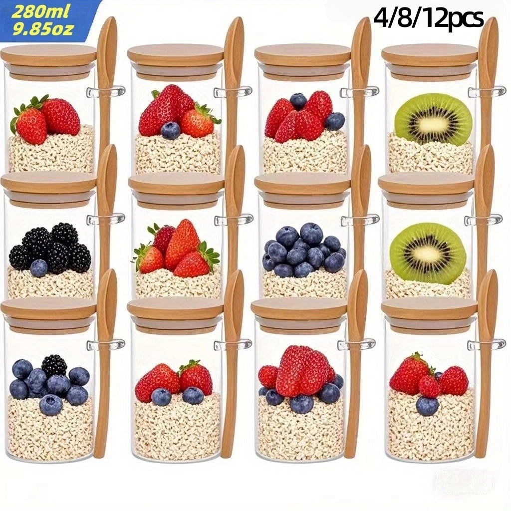 Meal Prep Glass - 4/8/12個入り、蓋付きオートミール朝食カップ（9.85オンス/280ml）、ミールプレップ容器、チアシード、プリン、ヨーグルトに適したガラス瓶