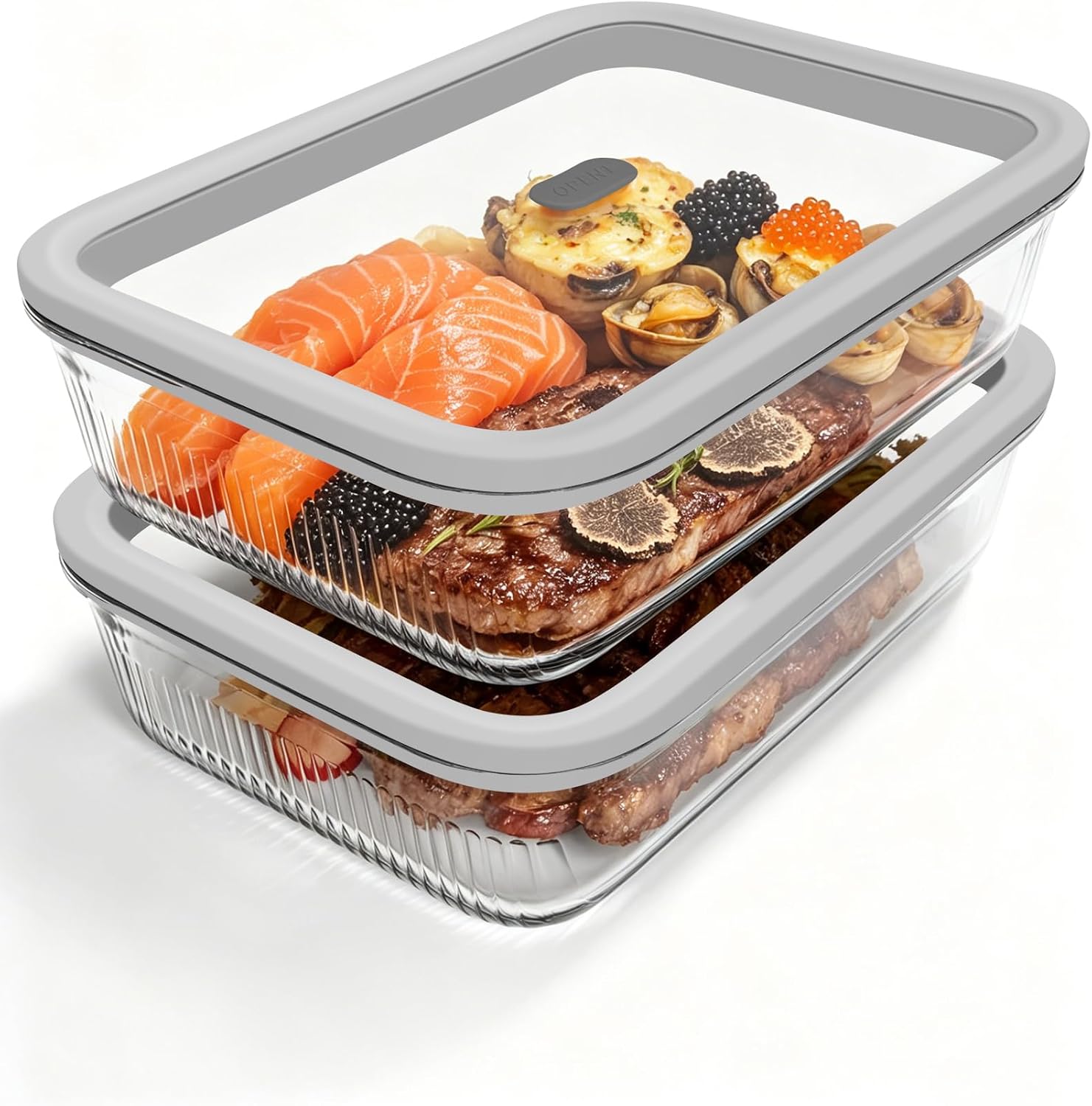 Meal Prep Glass - 2個セット ガラス製食品保存容器、強化ガラス蓋と蒸気弁付き、74オンス（9.3カップ）気密性・漏れ防止、電子レンジ/オーブン/冷凍庫対応、ホウケイ酸ガラス、ギフトボックス入り