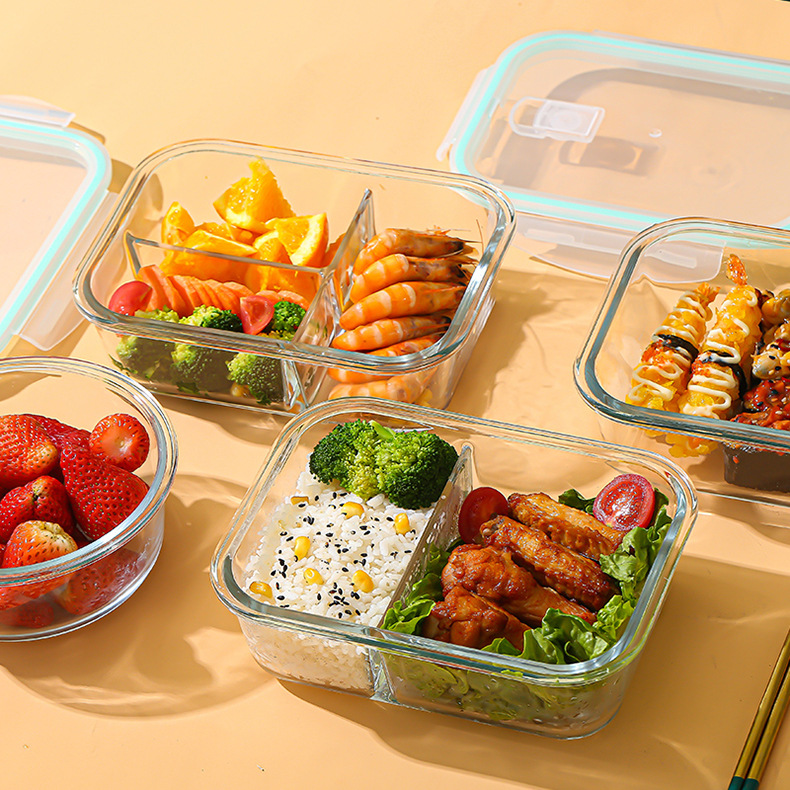 Meal Prep Glass - ガラス製鮮度保持容器 高硼珪酸耐熱電子レンジ対応弁当箱 冷蔵庫専用密閉ボウル 食品保存容器