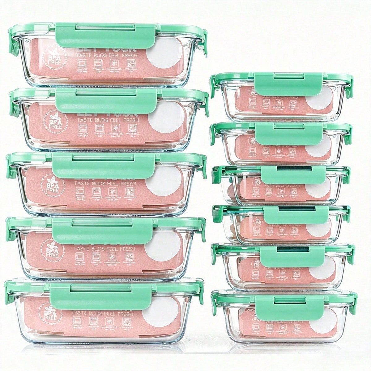 Meal Prep Glass - 10個入りガラス製食品保存容器、蓋付き密閉容器、ガラス製ランチボックス、電子レンジ、オーブン、冷凍庫、食器洗い機対応